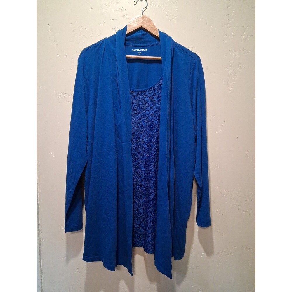 Woman Within 18/20 L Two-Fer Cardigan Lace Tunic Blue Cobalt Whimsygoth Coquette